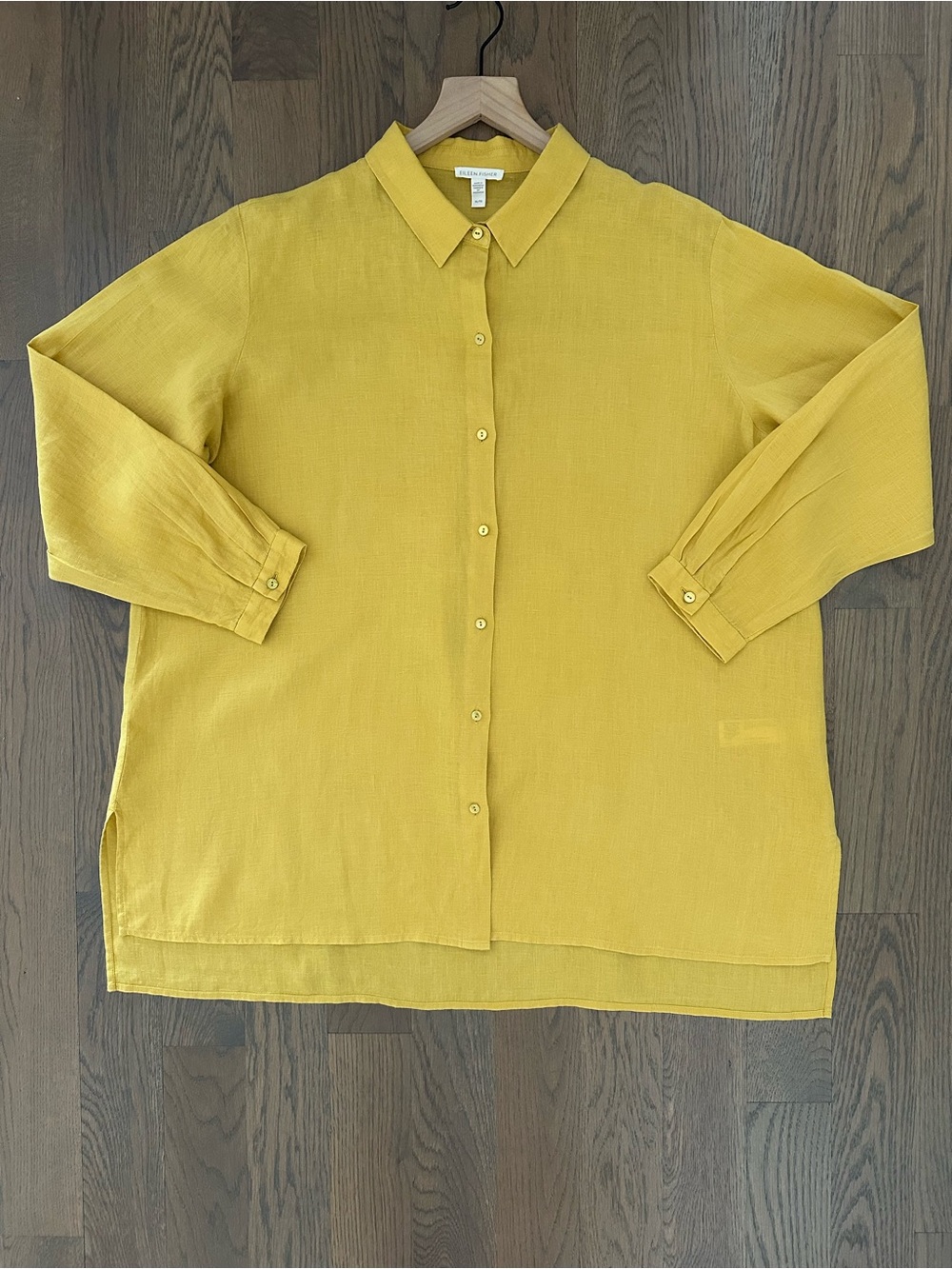 Eileen Fisher Organic Linen Délavé Classic Collar Shirt in Goldenrod Yellow XL